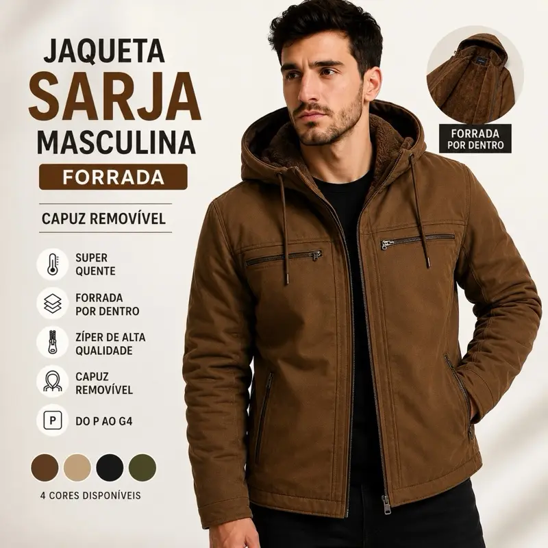 Jaqueta Sarja Masculina Forrada com Capuz
